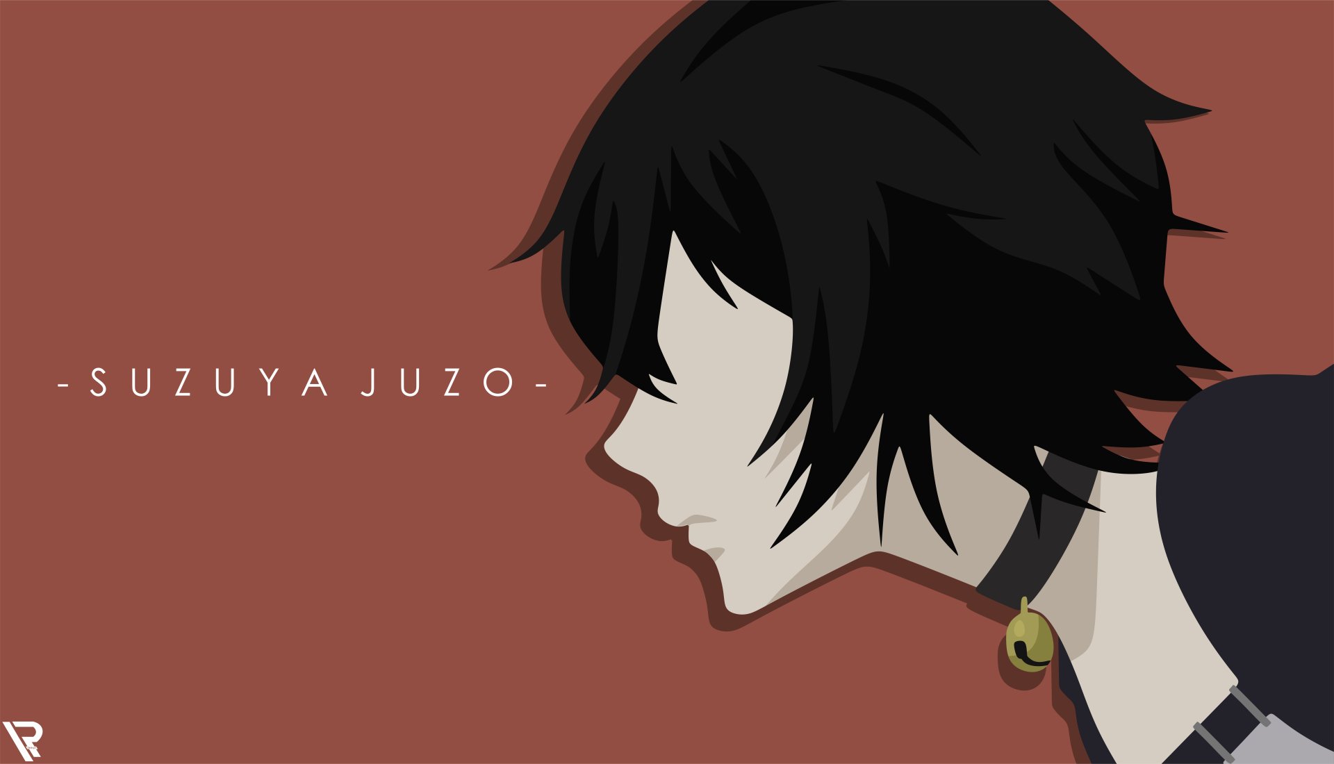 Side-profile anime portrait of Juuzou Suzuya from Tokyo Ghoul:re, black hair and choker bell against a muted red backdrop — stylized 8K Ultra HD PC desktop wallpaper.