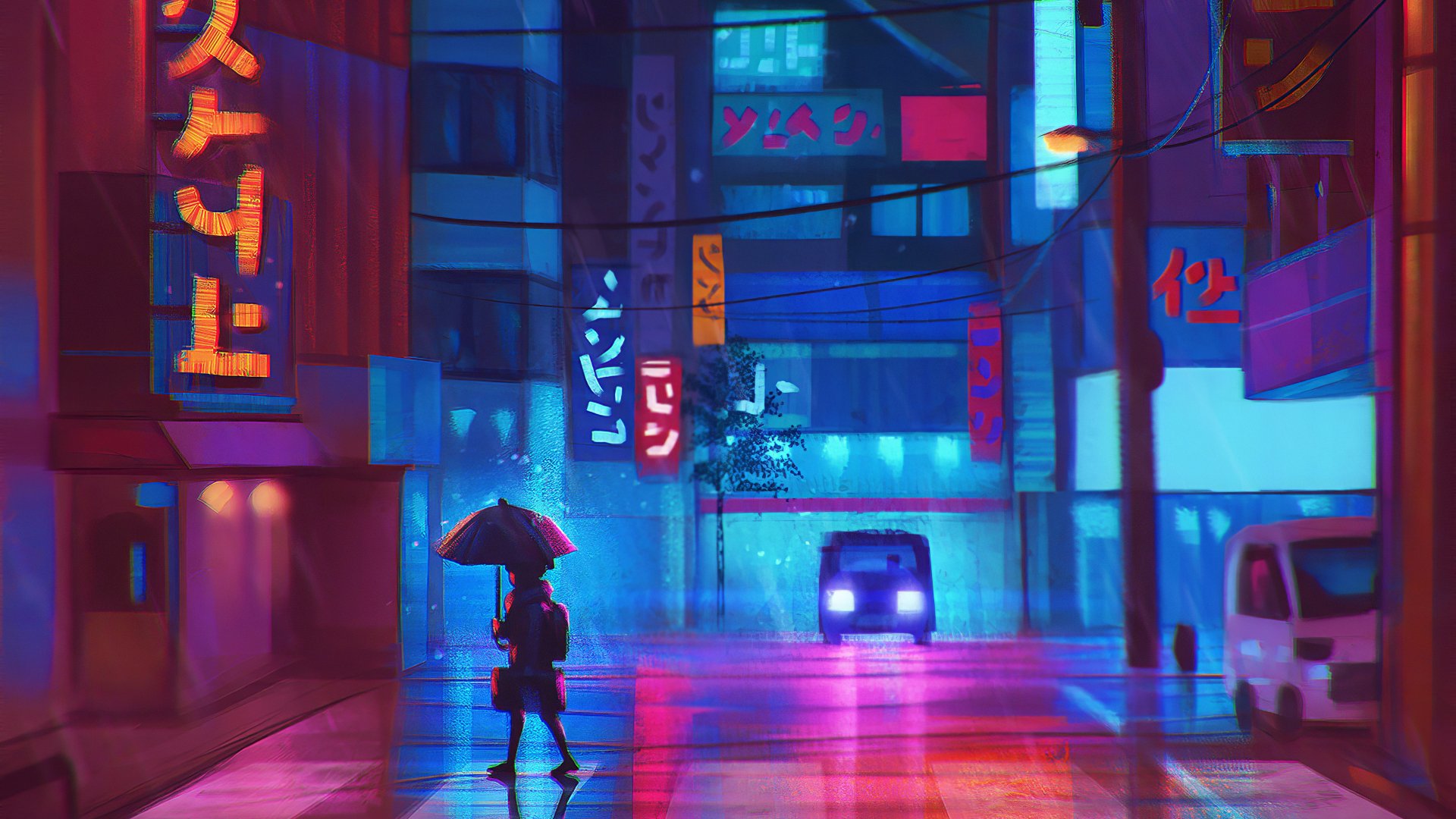 Anime girl holding an umbrella walks through a neon-lit city street at night in this vibrant 4K Ultra HD PC desktop wallpaper with glowing signs and rainy reflections.