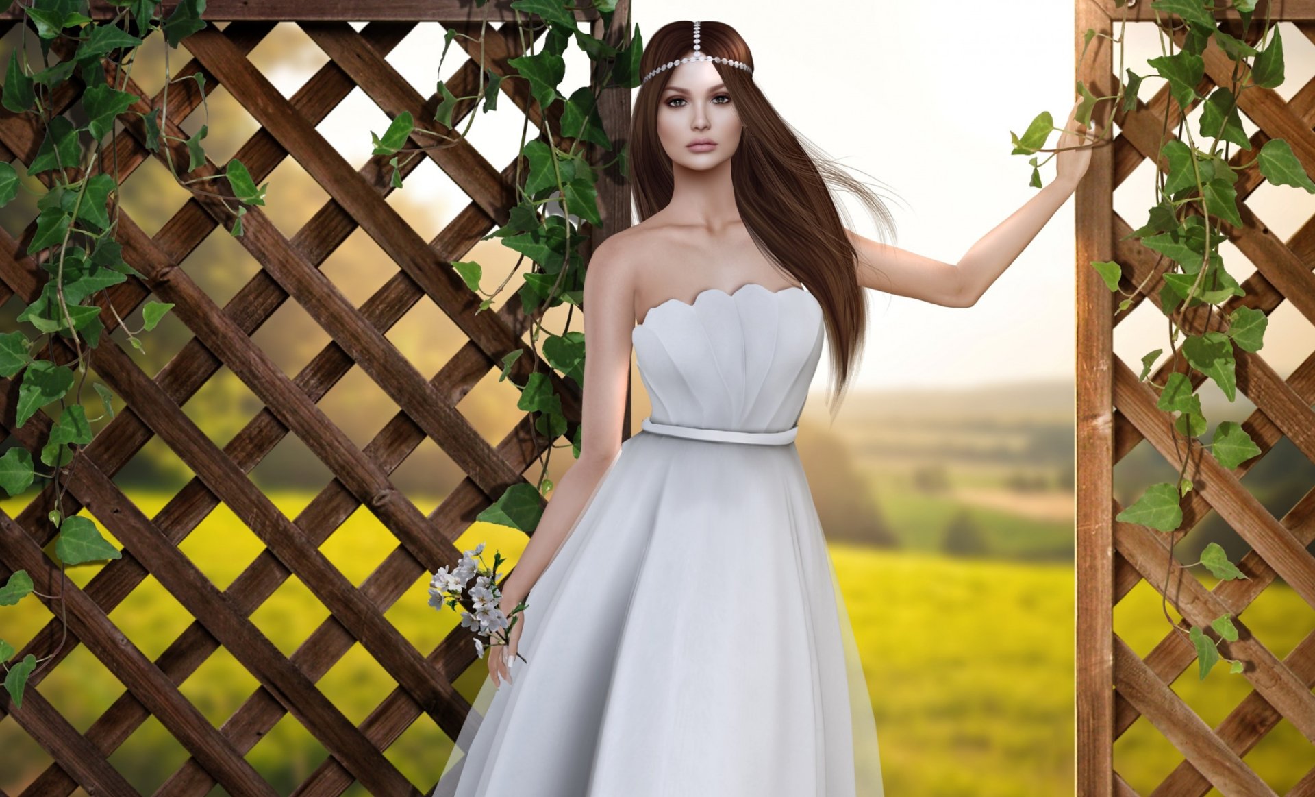 Download Wedding Dress Fence Brunette Bride Fantasy Woman Fantasy Girl HD Wallpaper