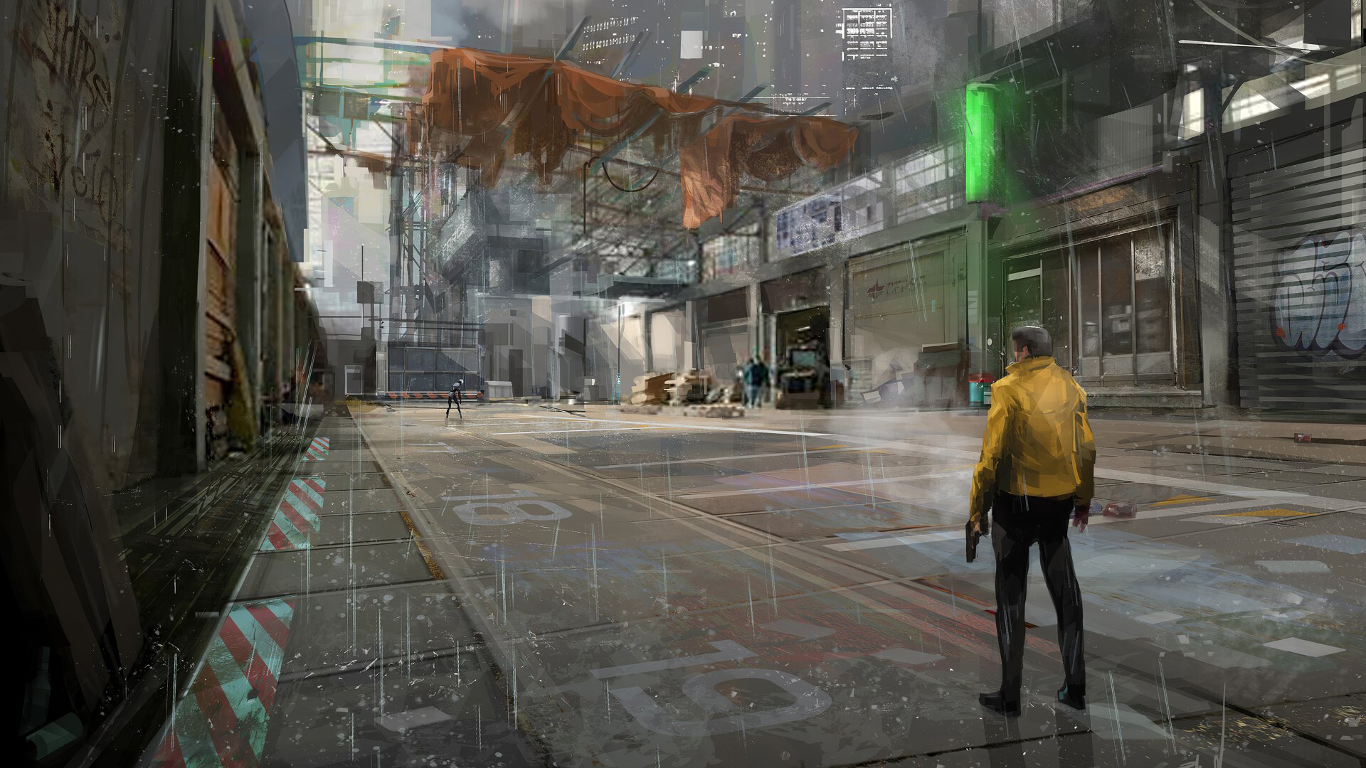 A vivid 4K Ultra HD cyberpunk cityscape featuring a lone figure in a yellow jacket standing on a rain-soaked street amid futuristic urban decay and towering sci-fi structures.