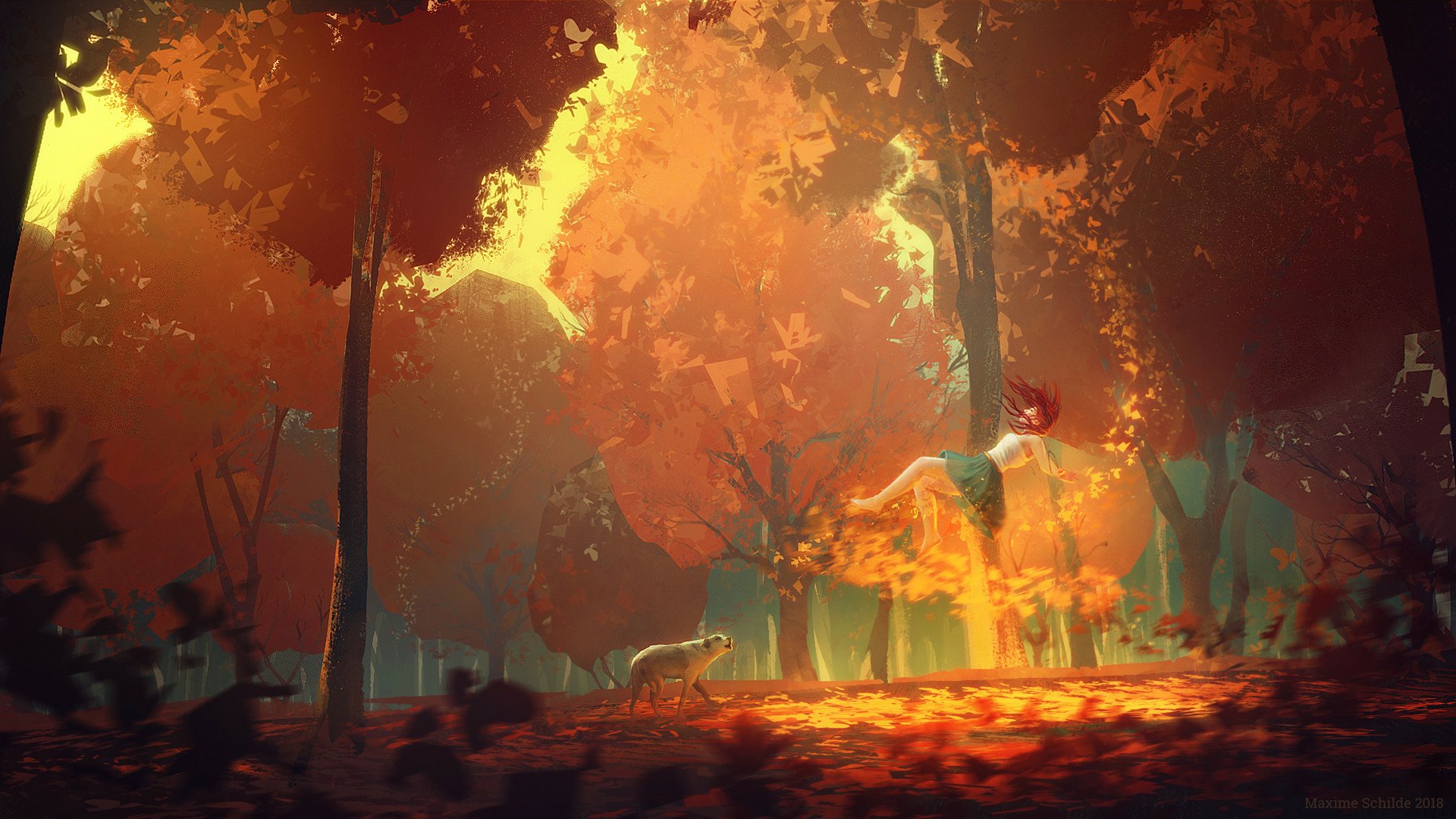 HD PC fantasy forest desktop wallpaper: red‑haired figure floating above glowing leaf‑strewn fall woods as a dog watches in warm, moody light.
