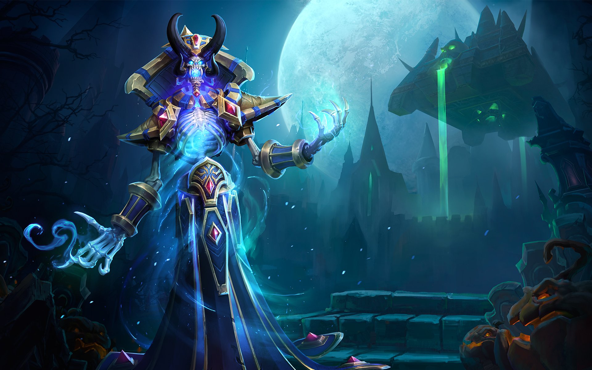 HD desktop wallpaper featuring Kel'Thuzad from World of Warcraft in Heroes of the Storm, showcasing a dark, mystical scene under a glowing full moon.