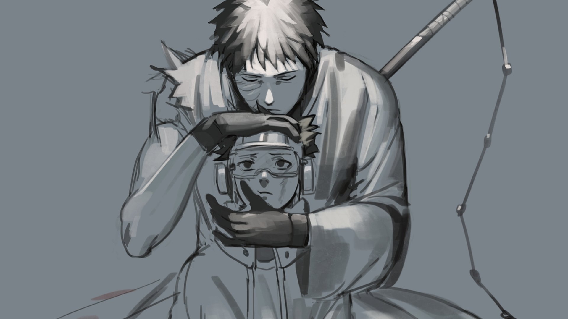 HD PC desktop wallpaper featuring Obito Uchiha from the anime Naruto, depicted in a grayscale, emotional scene with detailed shading and a somber tone.