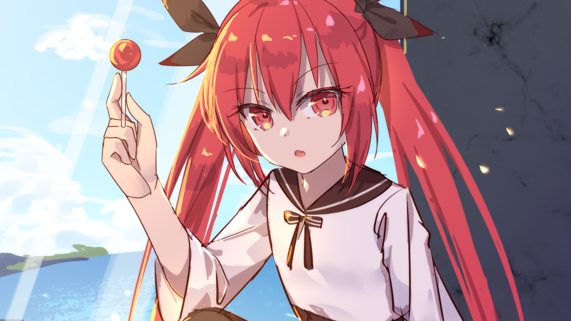 HD PC desktop wallpaper featuring Kotori Itsuka from the anime Date A Live, holding a lollipop with a sky and window background.
