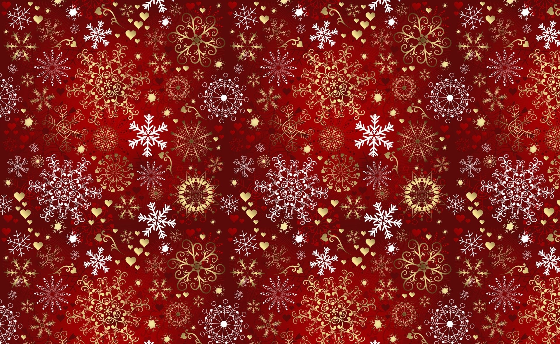 Artistic HD PC desktop wallpaper featuring intricate gold, white, and red snowflakes on a rich red background, creating an elegant winter-themed pattern.