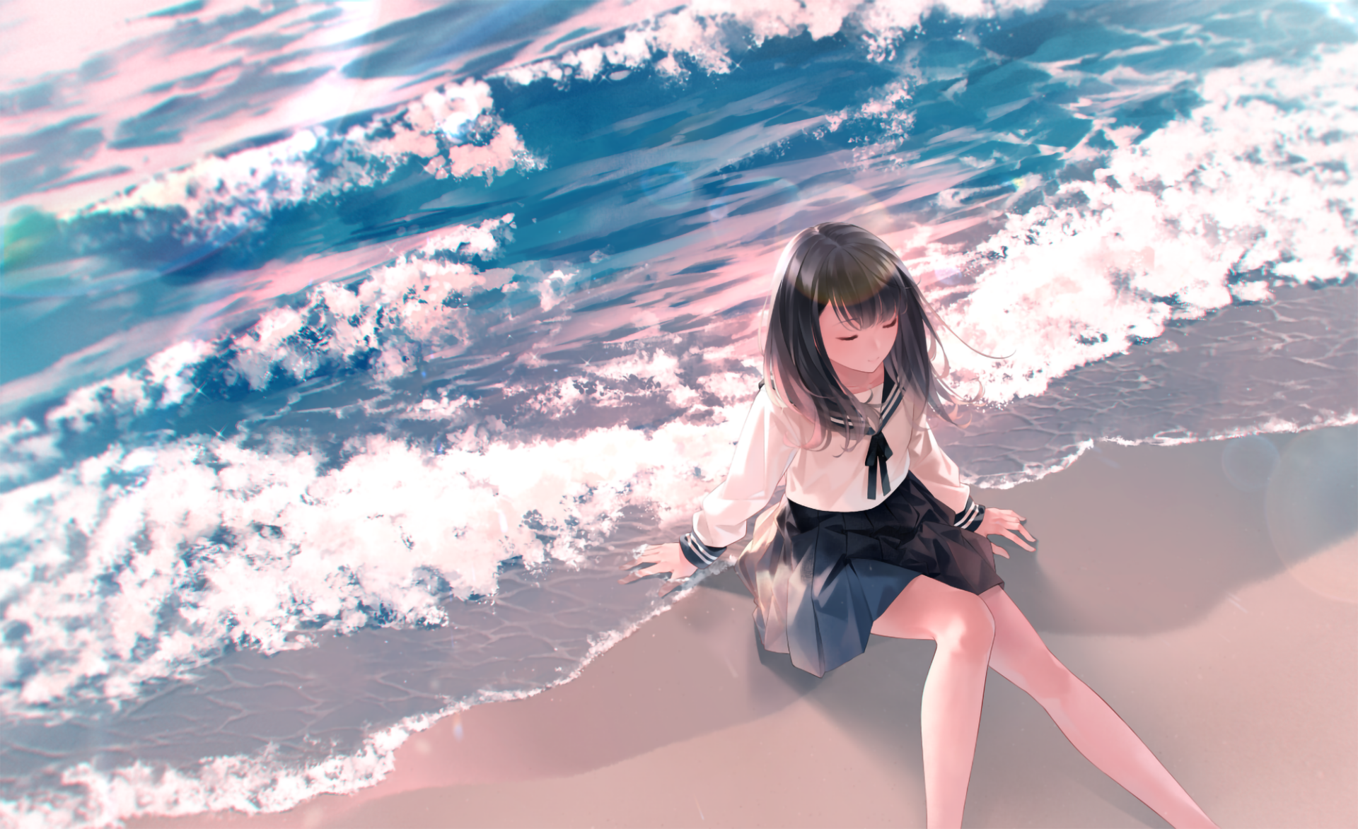A serene anime-inspired HD desktop wallpaper featuring a girl sitting on the beach, with gentle waves and a colorful sky in the background. Original artwork captures a tranquil seaside moment.