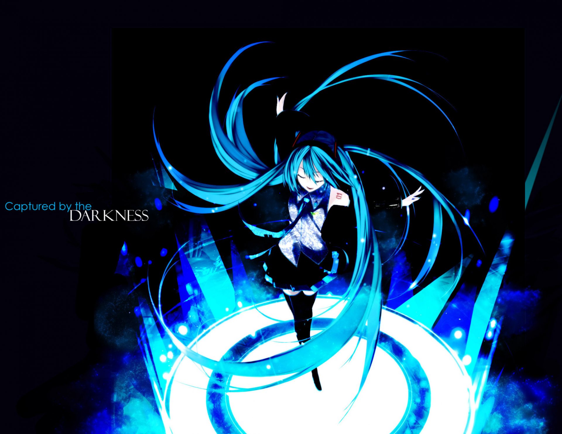 HD PC desktop wallpaper featuring Hatsune Miku from Vocaloid in a dynamic pose, surrounded by glowing blue digital effects against a dark background.