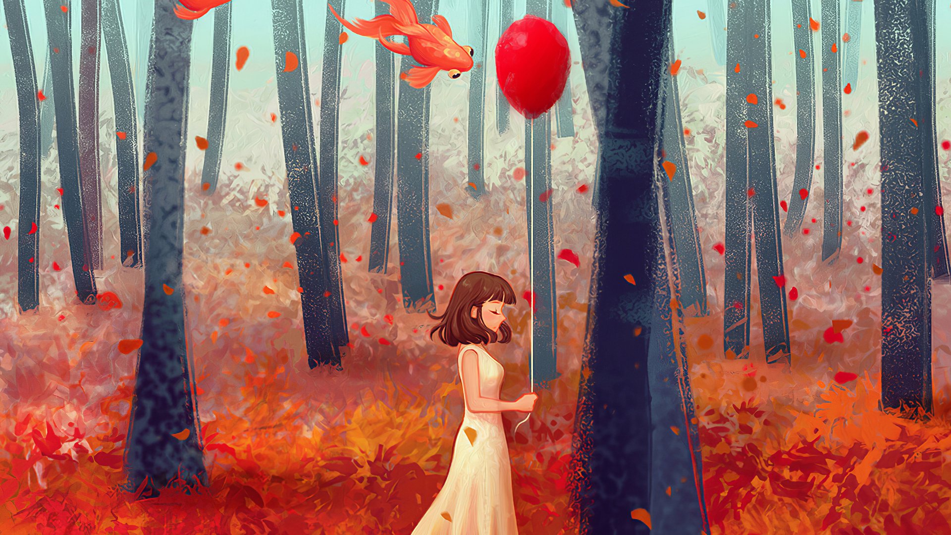 Download Brown Hair Balloon Fish Mood Forest Dress Little Girl Fall Fantasy Child 4k Ultra HD Wallpaper by Karmen Loh