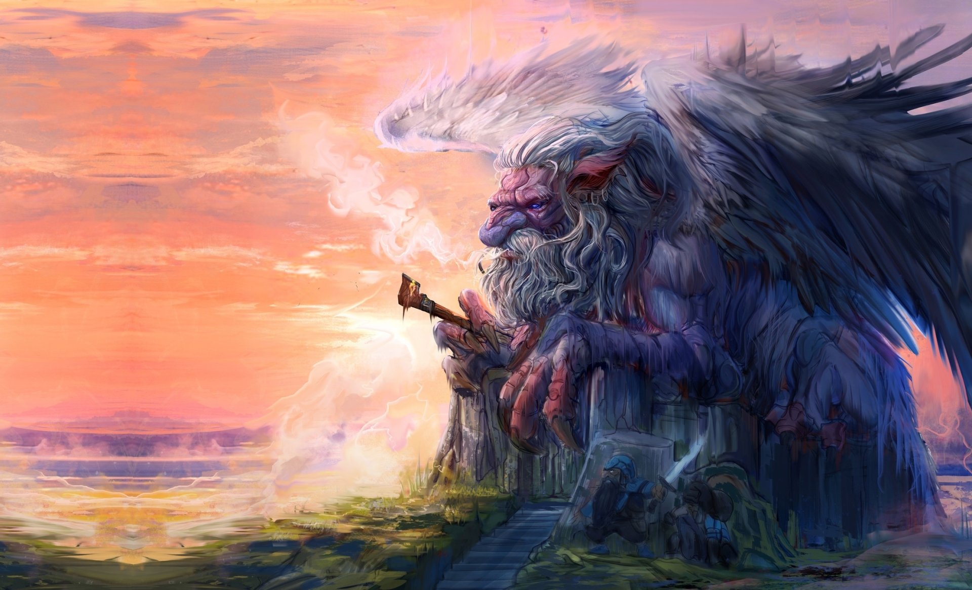 HD PC desktop wallpaper: a colossal, bearded winged fantasy creature smoking a pipe atop ruined cliffs, watching a pastel sunset over the sea.