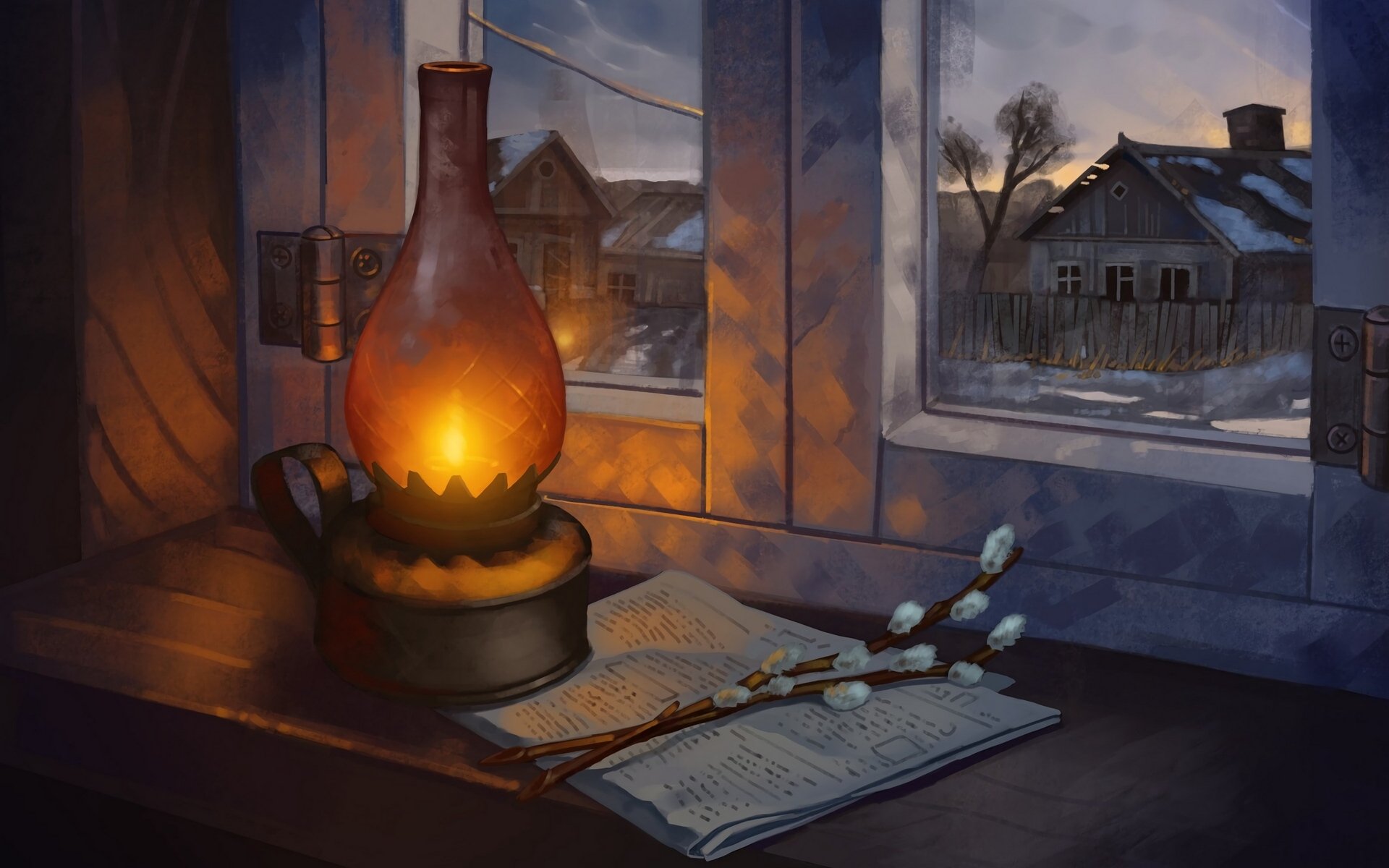 Download Pussy Willow Kerosene Lamp Window Artistic Still Life HD Wallpaper