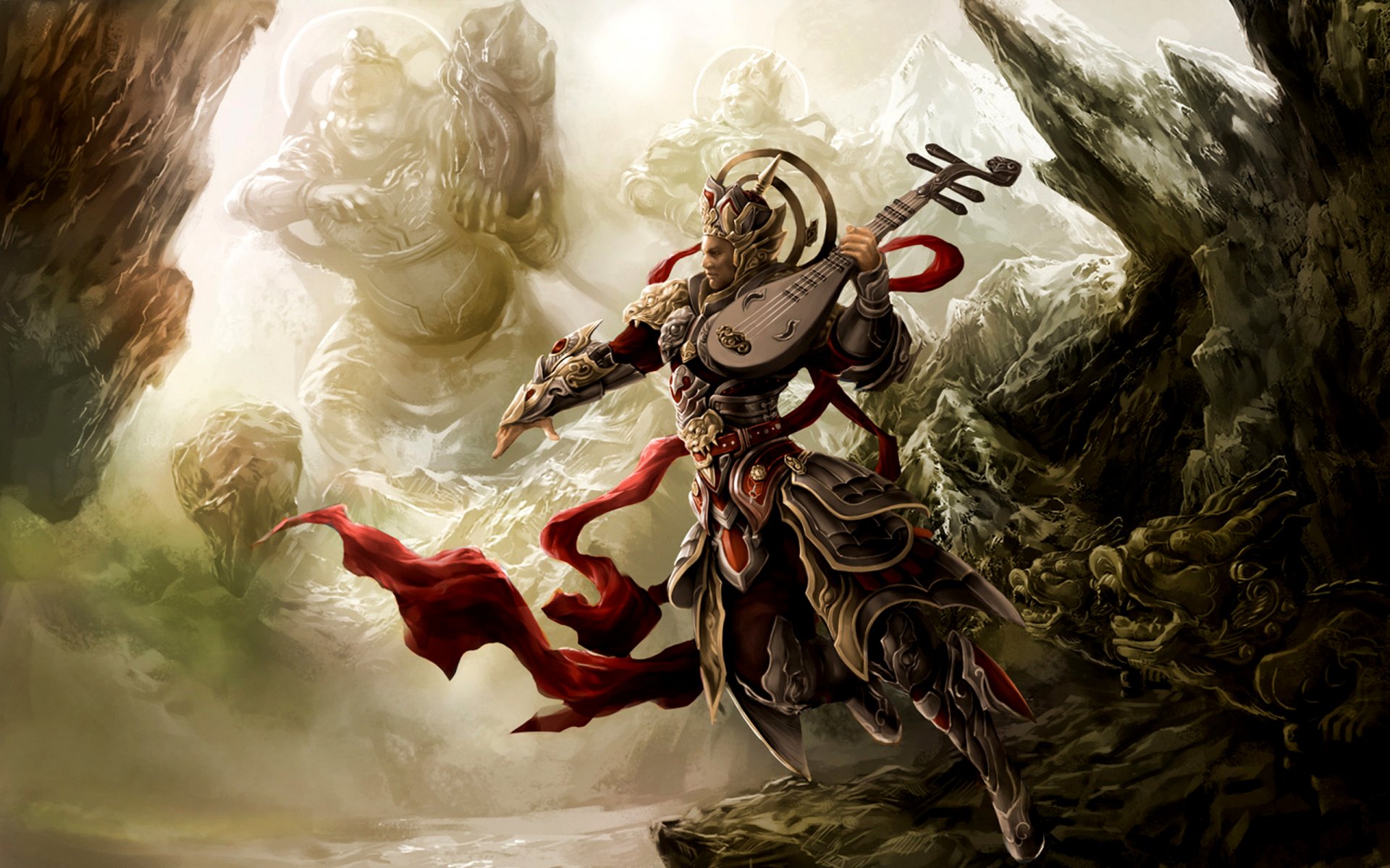 HD fantasy oriental wallpaper featuring a warrior in elaborate armor holding a stringed instrument amidst a mystical landscape with towering statues and rugged terrain.