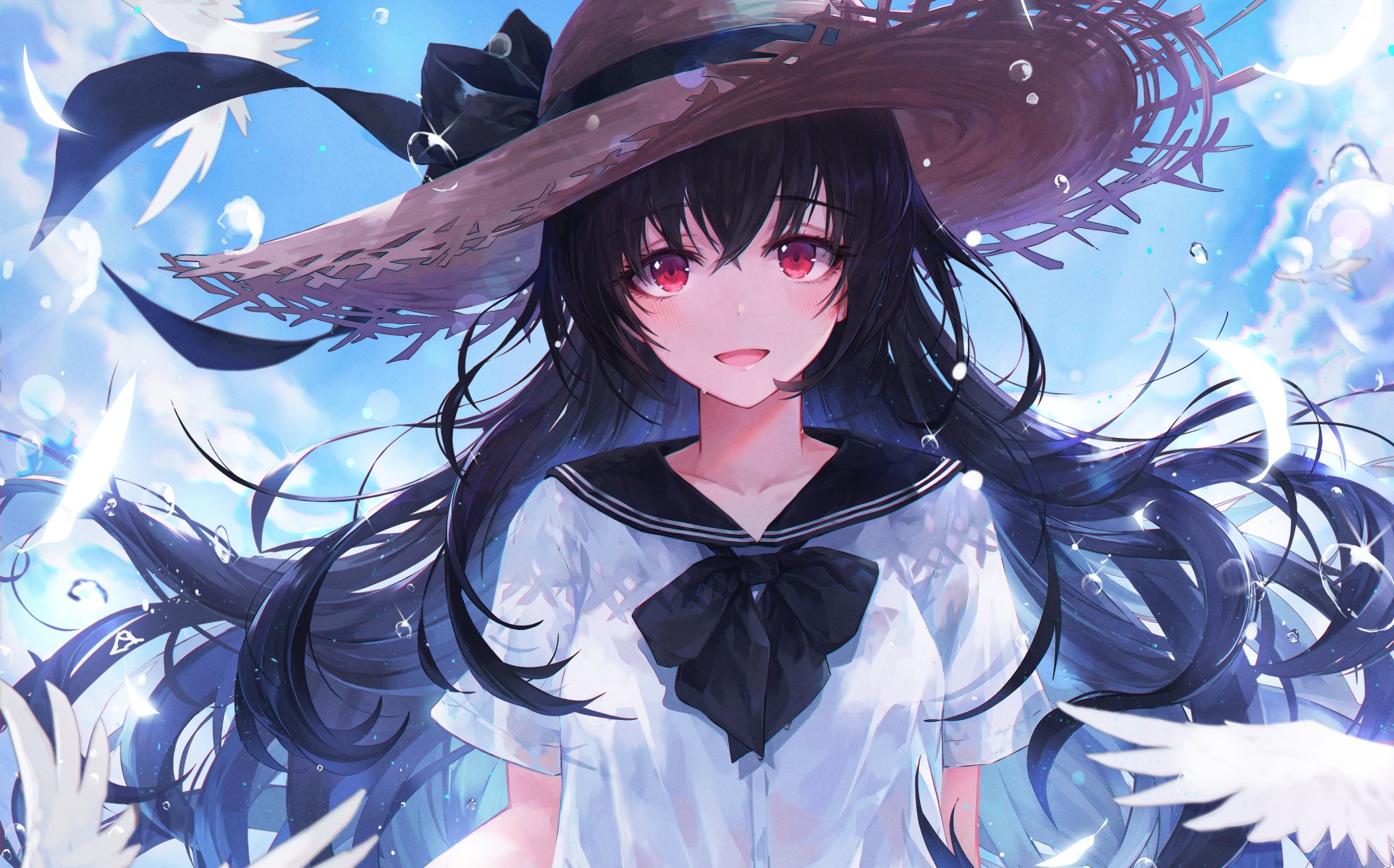HD anime wallpaper featuring an original character with black hair, red eyes, and wearing a hat. The character stands against a bright sky backdrop, conveying a serene and imaginative scene.