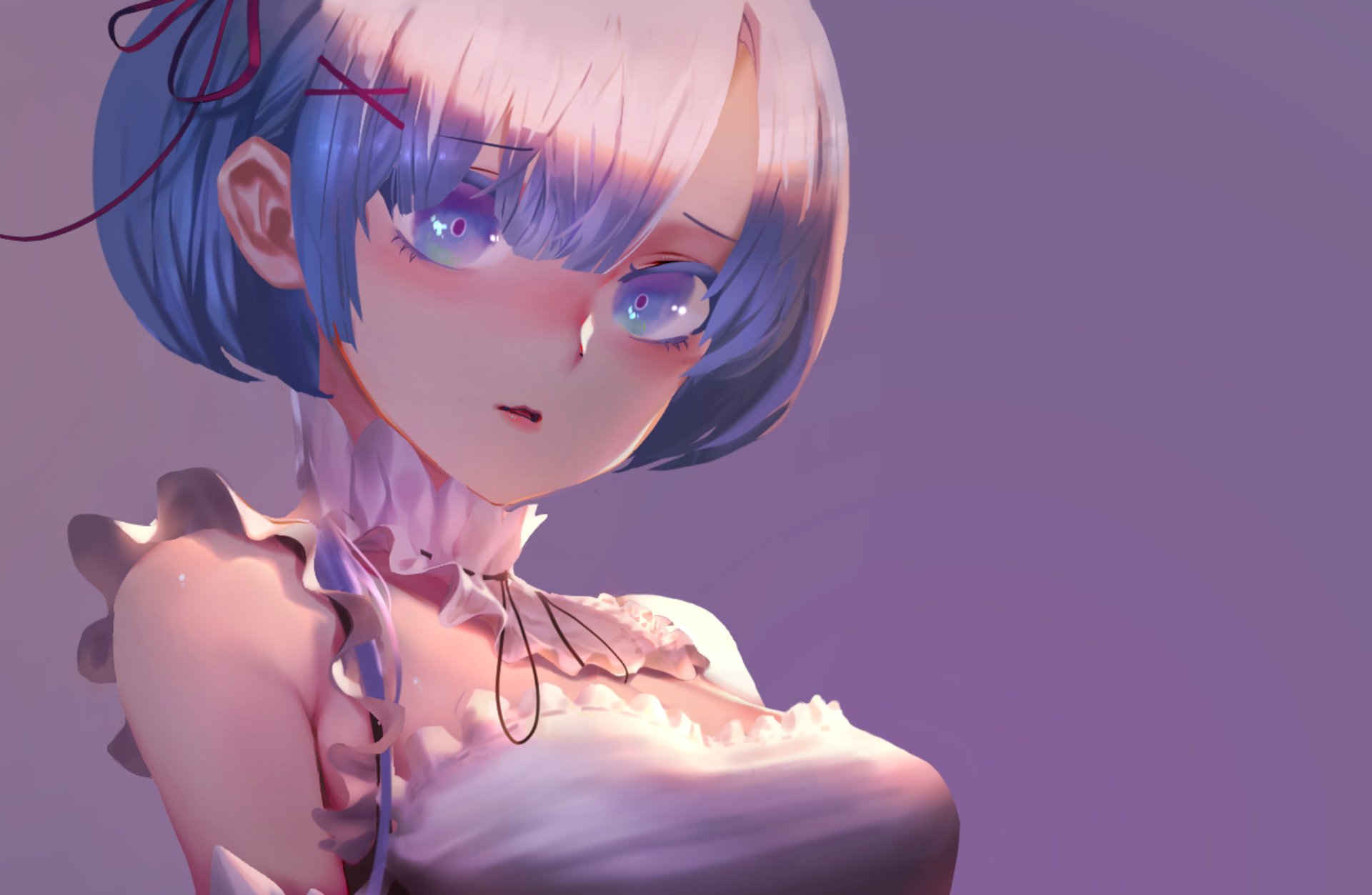 HD PC desktop wallpaper featuring Rem from Re:Zero - Starting Life in Another World, showcasing her distinct blue hair and soft expression in vibrant anime style.