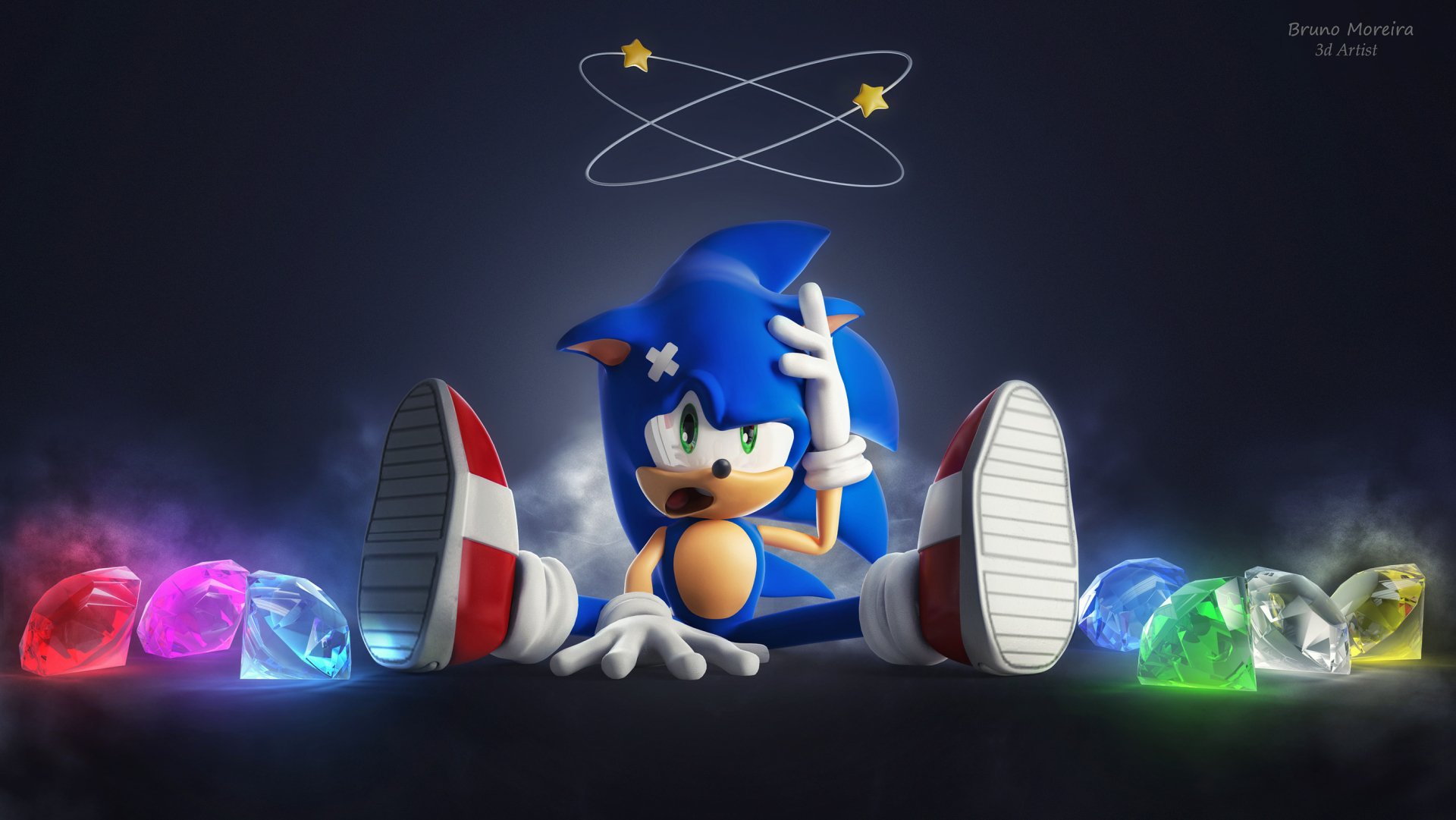 HD PC desktop wallpaper featuring Sonic the Hedgehog from the movie, sitting with Chaos Emeralds glowing around him against a dark background.