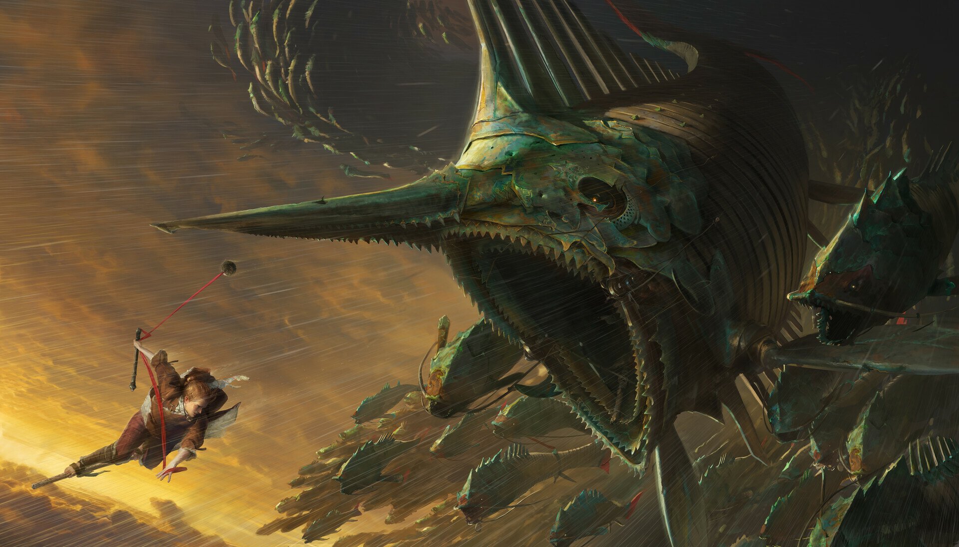 HD PC desktop wallpaper: a steampunk fantasy scene of a woman warrior dangling from rigging, facing a gigantic mechanical fish creature amid a shoal of armored fish at sunset.
