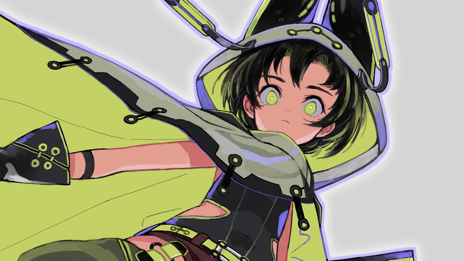 Anime original character with bright green eyes in a neon lime hooded outfit, striking dynamic pose — HD PC desktop wallpaper/background.
