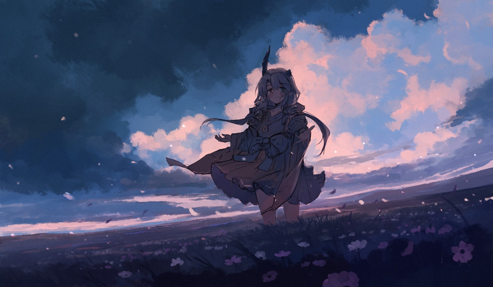 Anime-style HD desktop wallpaper depicting a lone character standing in a field under a dramatic sky with pink clouds. The image exudes an original, ethereal atmosphere.
