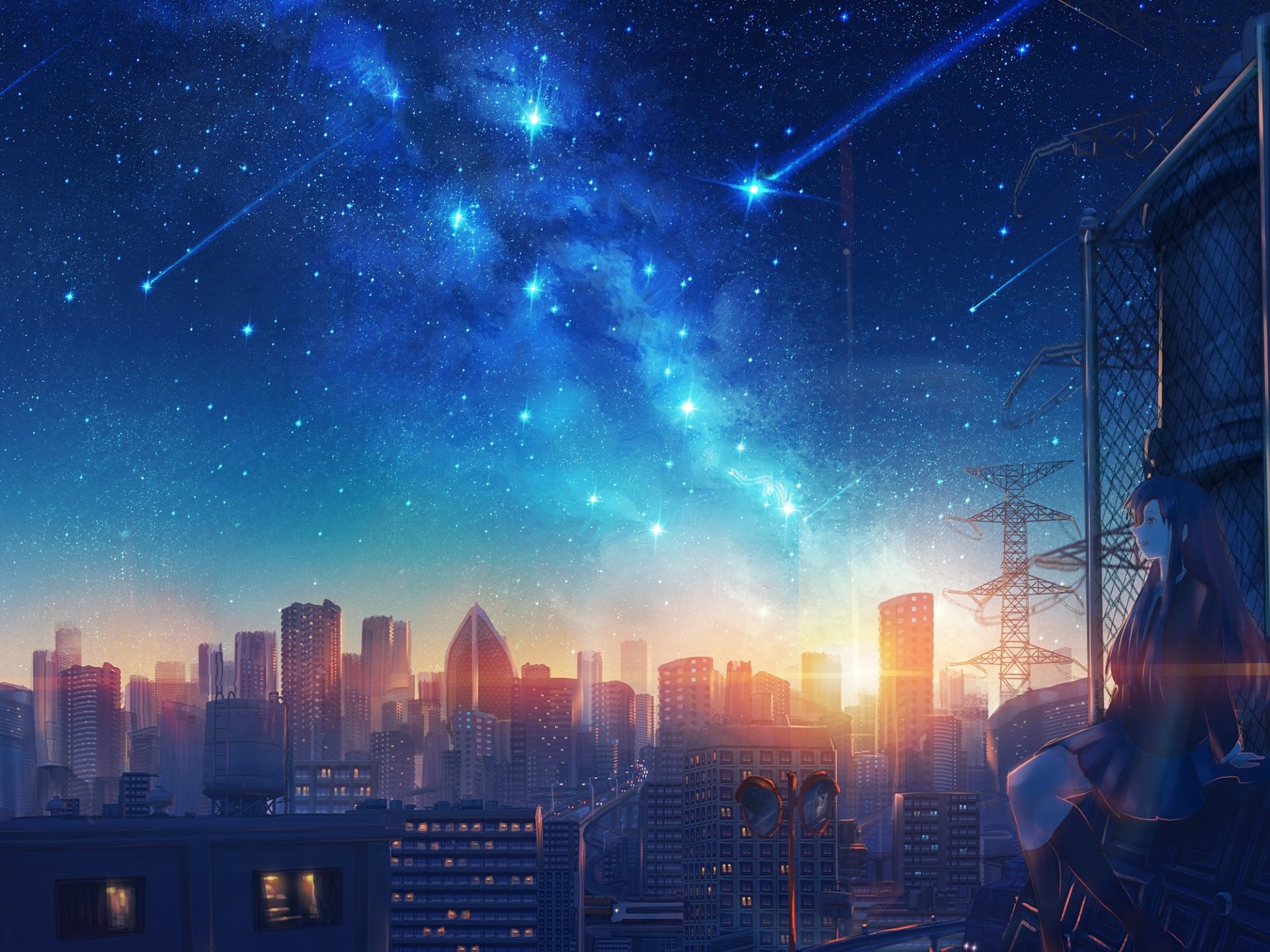 Anime cityscape at sunset with a vibrant starry sky and a shooting star streaking above, rendered in HD as a stunning PC desktop wallpaper.
