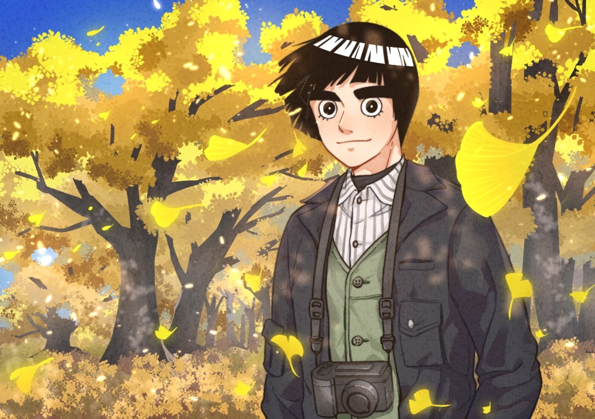 Rock Lee (Naruto) in an autumn forest with golden ginkgo leaves, wearing a vintage coat and camera around his neck — HD anime PC desktop wallpaper background.