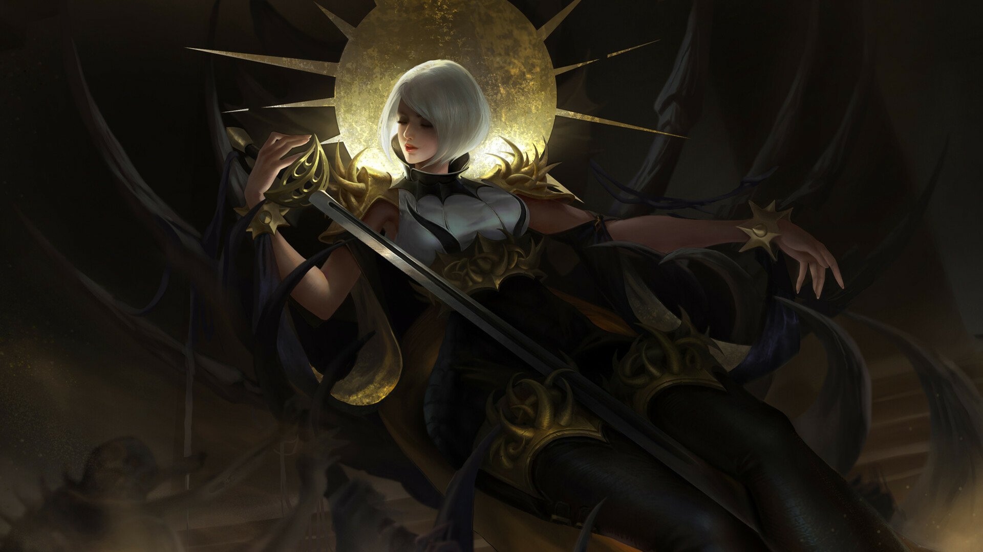 A grey-haired woman warrior in dark fantasy armor holds a sword, illuminated by a glowing circular light behind her, rendered in high definition for PC desktop wallpaper.