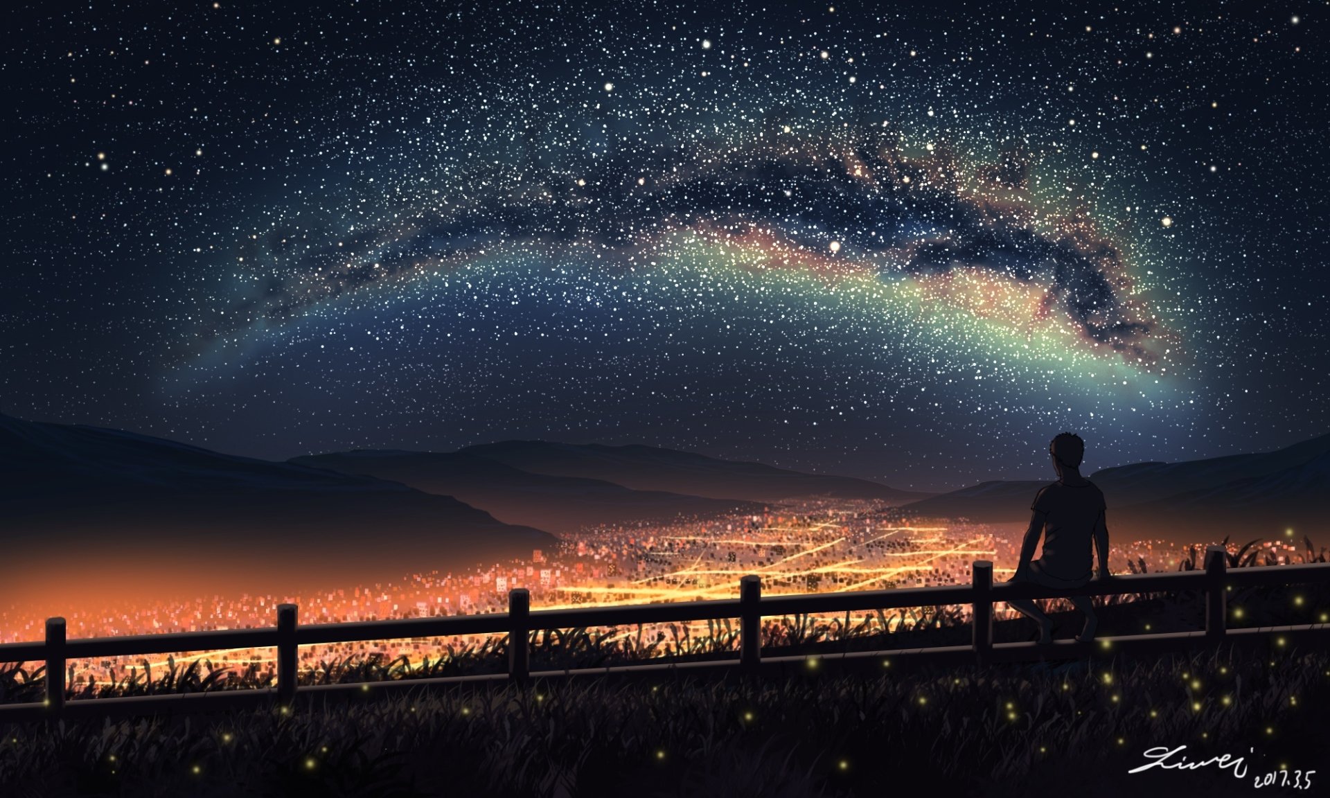A serene anime landscape features a starry sky over a valley illuminated by city lights, with a figure sitting peacefully by a fence, creating a tranquil night scene for a desktop wallpaper.