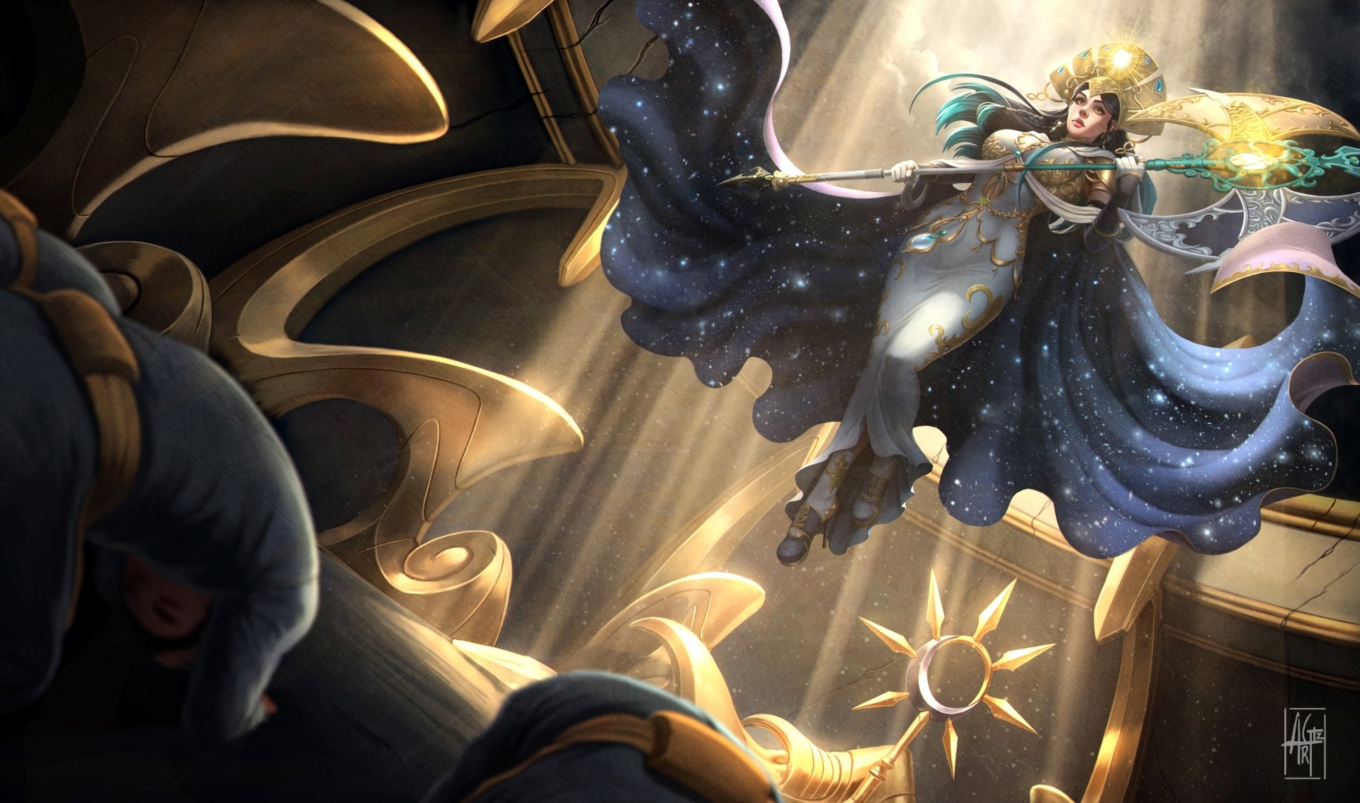 5K Ultra HD PC desktop wallpaper: a fantasy sorceress in a flowing star-speckled dress wields a glowing staff, floating amid golden architectural beams and magical light.