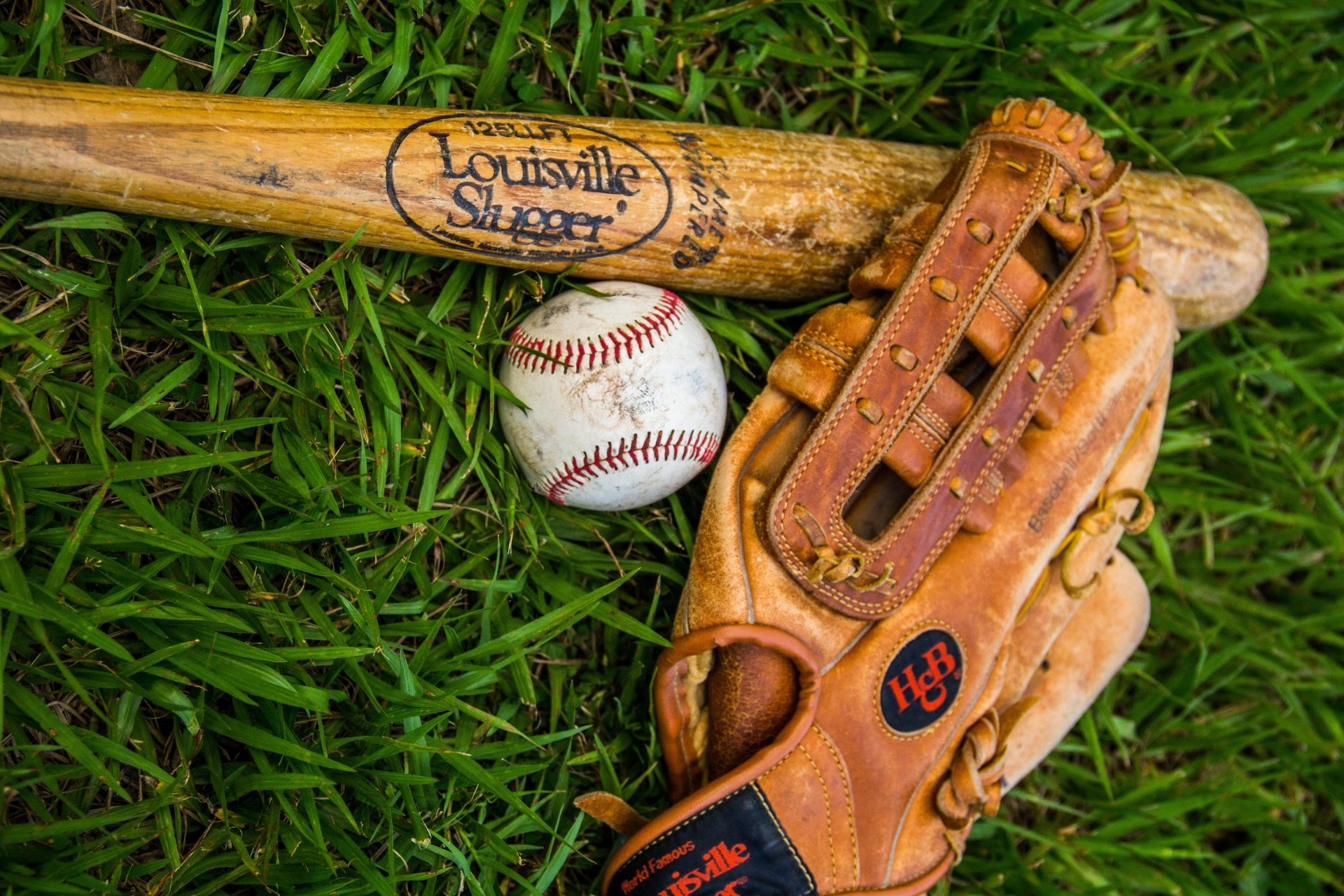 Download Baseball Bat Glove Ball Grass Baseball Sports HD Wallpaper