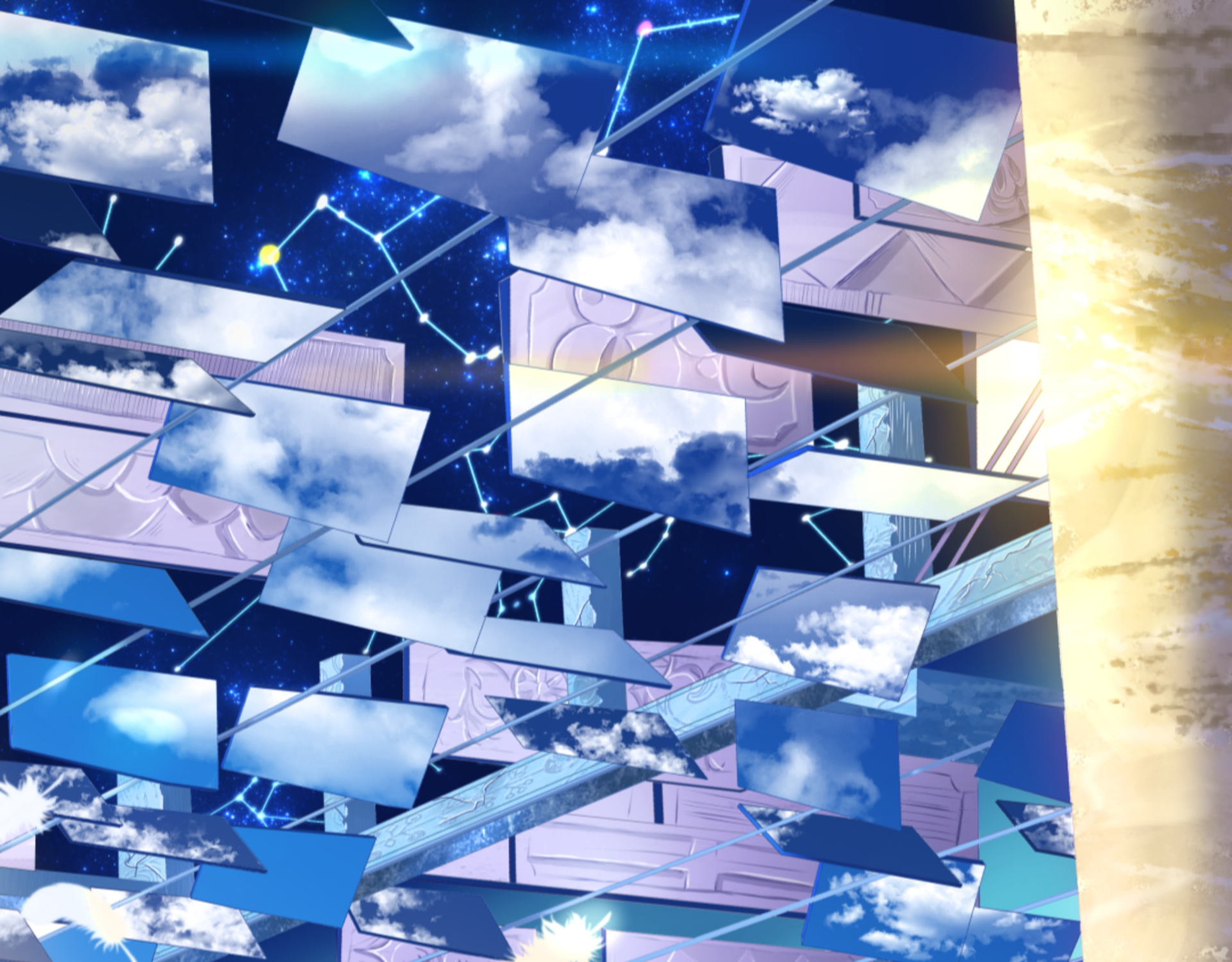 HD Anime desktop wallpaper featuring fragmented panels of a starry sky blending with clouds, creating an original, surreal sky-themed composition.