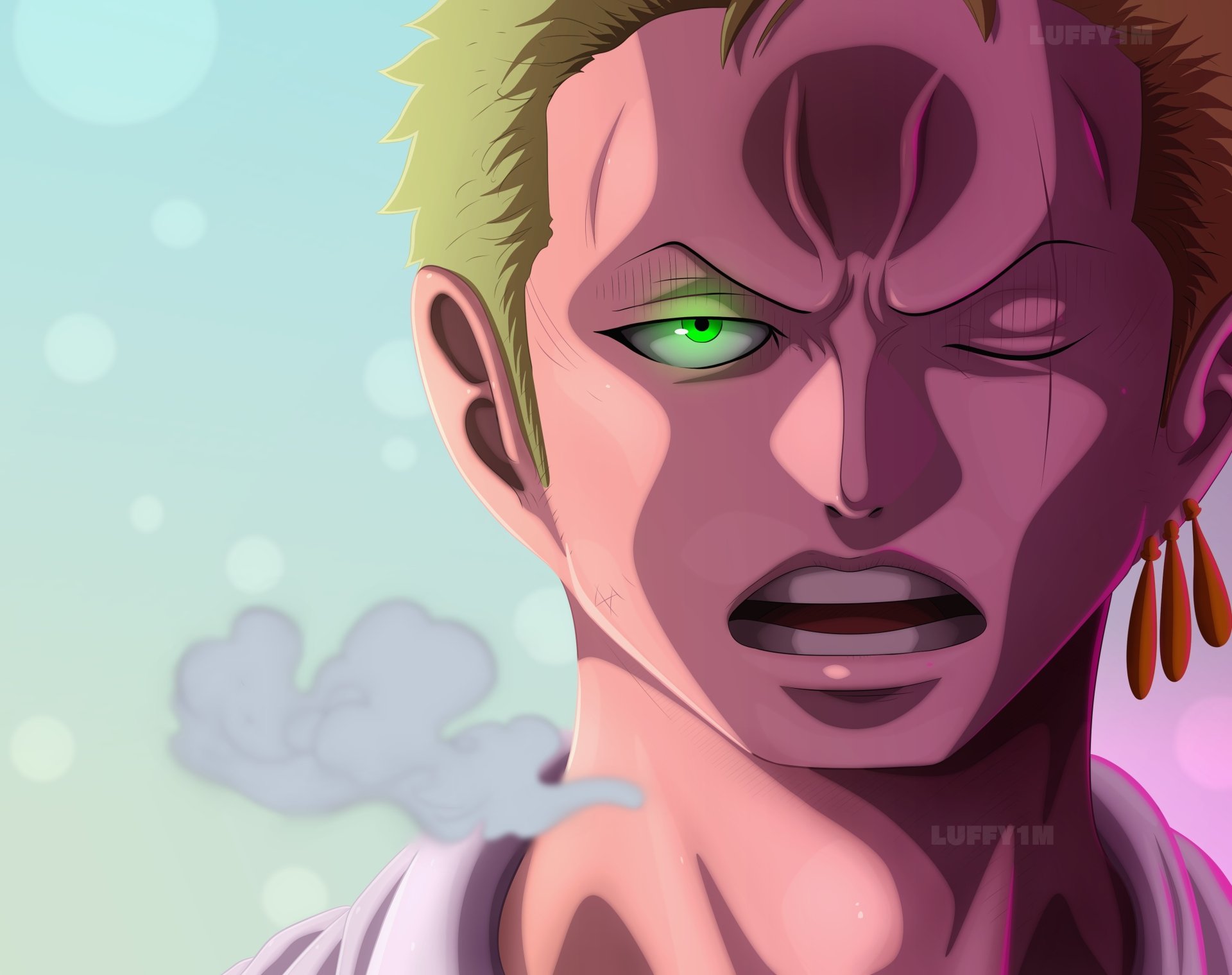 Roronoa Zoro from One Piece depicted in vibrant 4K Ultra HD anime style, featured as a dynamic PC desktop wallpaper and background.