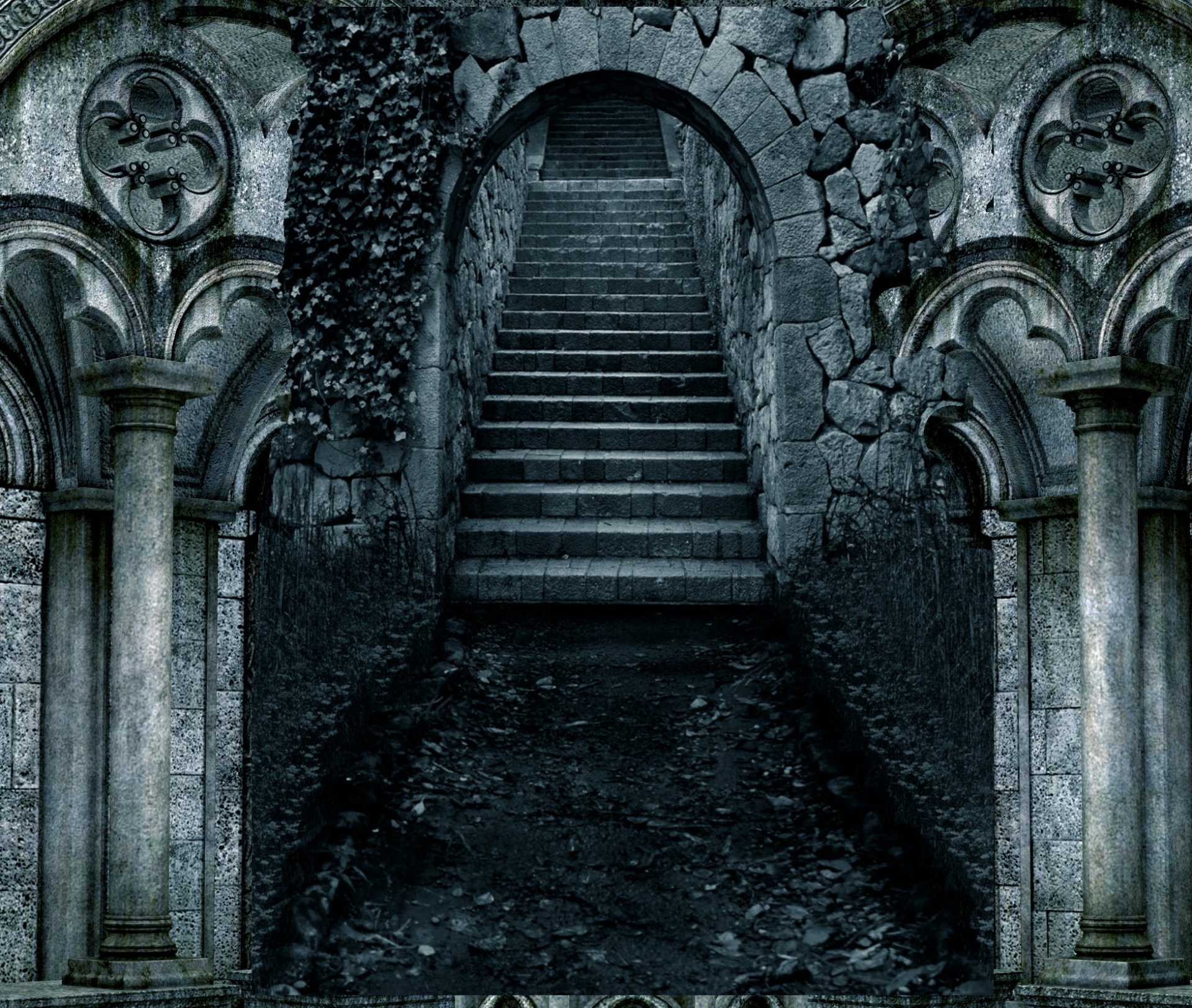 HD desktop wallpaper featuring a man-made stone archway and staircase within an ancient, weathered building setting.