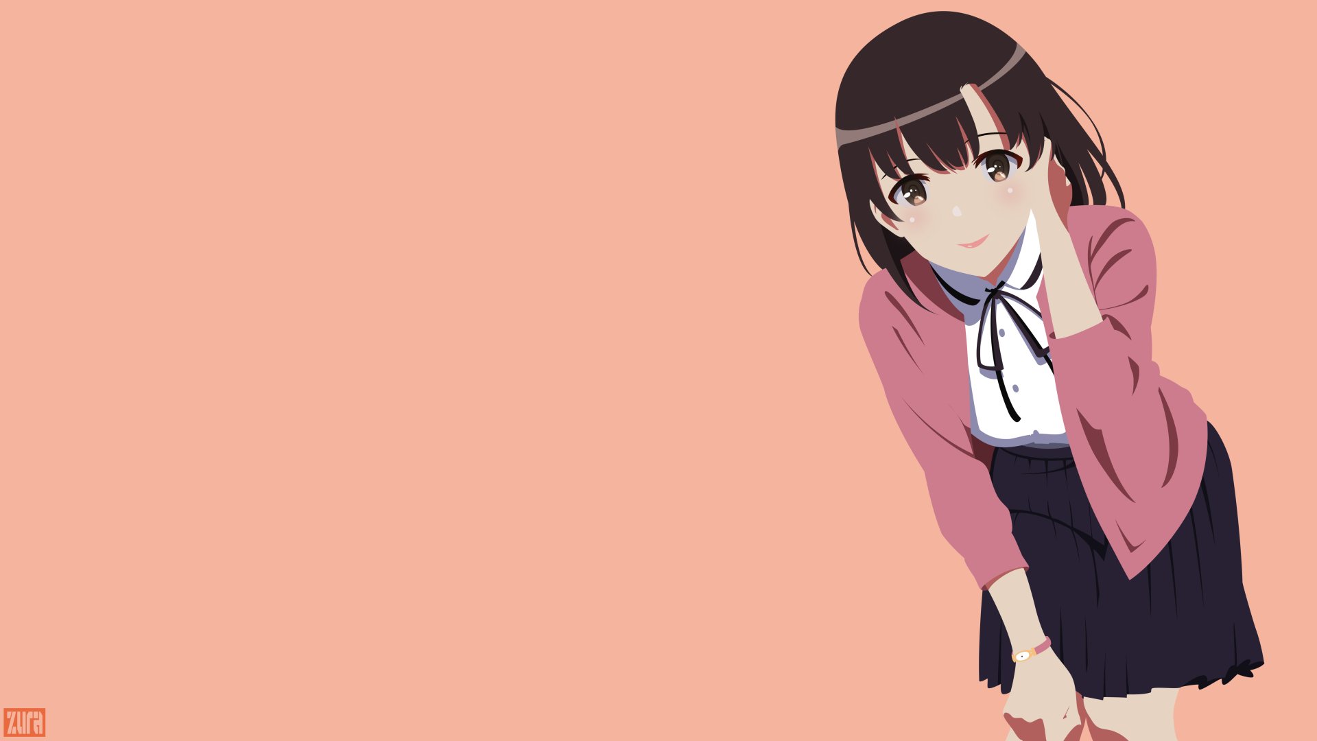 Megumi Katō from Saekano: How to Raise a Boring Girlfriend, illustrated in vibrant anime style against a soft peach background, 4K Ultra HD desktop wallpaper.
