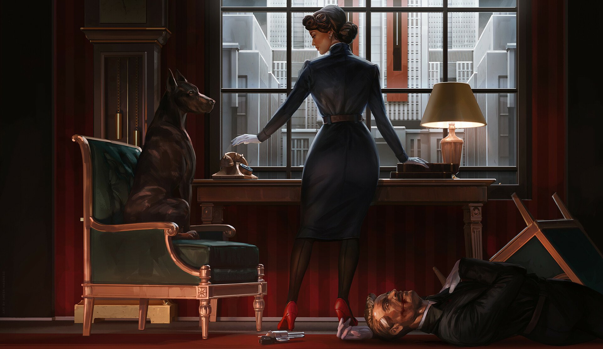 A fantasy HD desktop wallpaper featuring a woman in high heels standing by a window with a Doberman Pinscher seated on a chair nearby in a richly decorated room.
