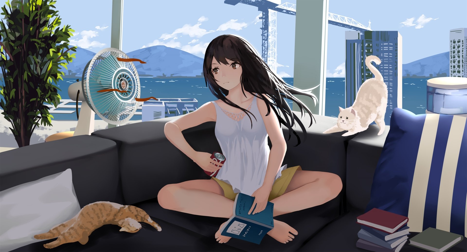 Anime-style 4K Ultra HD desktop wallpaper featuring a long-haired girl with black hair reading on a couch, accompanied by two cats in a bright, modern room setting.