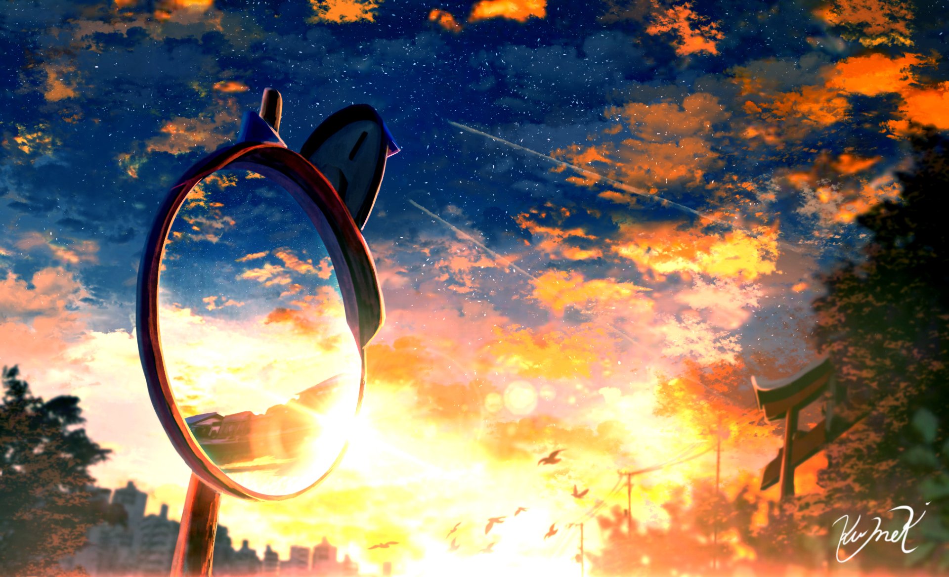 HD anime desktop wallpaper featuring a vibrant sunset reflected in a mirror under a starry sky, blending warm tones with detailed outdoor elements.