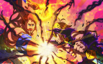 Vibrant anime 2K Quad HD desktop wallpaper of Meliodas and Escanor from The Seven Deadly Sins clashing in a blazing, colorful burst of energy.