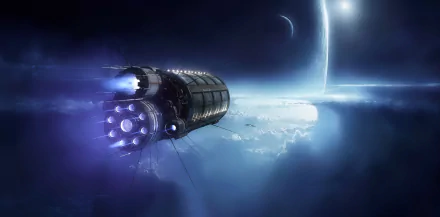 HD Sci-Fi desktop wallpaper depicting a spaceship flying near a glowing planet in deep space.