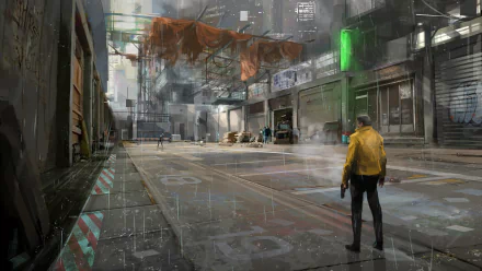 A vivid 4K Ultra HD cyberpunk cityscape featuring a lone figure in a yellow jacket standing on a rain-soaked street amid futuristic urban decay and towering sci-fi structures.