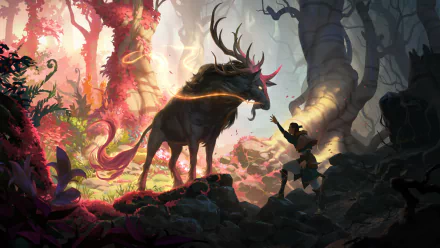 HD desktop wallpaper of a forest scene from the video game Legends of Runeterra, featuring a majestic creature with antlers encountering a person. The vibrant setting includes colorful, mysterious flora.