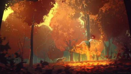 HD PC fantasy forest desktop wallpaper: red‑haired figure floating above glowing leaf‑strewn fall woods as a dog watches in warm, moody light.