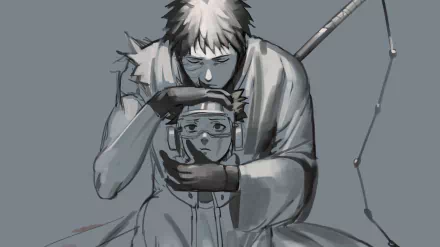 HD PC desktop wallpaper featuring Obito Uchiha from the anime Naruto, depicted in a grayscale, emotional scene with detailed shading and a somber tone.