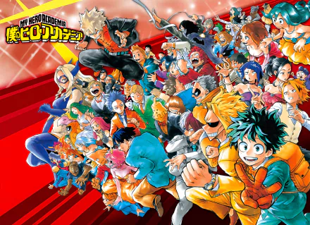 4K Ultra HD My Hero Academia PC wallpaper featuring characters like Izuku Midoriya, Katsuki Bakugou, Momo Yaoyorozu, and others in dynamic poses.