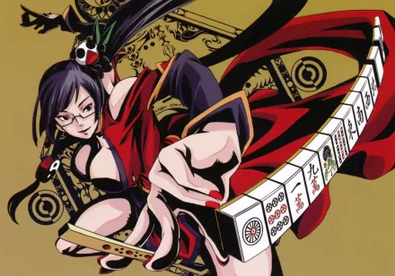 Anime HD desktop wallpaper featuring Litchi Faye Ling from Blazblue, depicted in dynamic action with mahjong tiles and a striking red and black outfit.