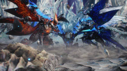 Devil May Cry 5 video game HD PC desktop wallpaper: three armored demonic figures in red, silver, and blue clash amid jagged ice, swirling smoke, and scattered debris.