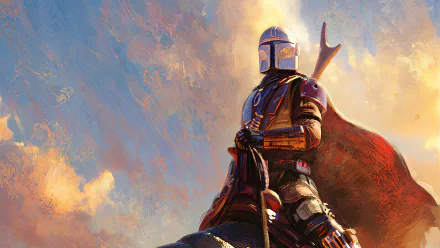 HD desktop wallpaper featuring the character The Mandalorian from the TV show The Mandalorian, set against a vibrant, cloud-filled sky.