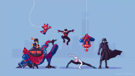 Peni Parker Spider-Ham Spider-Man Noir Spider-Gwen pixel art Miles Morales spider man movie Spider-Man: Into The Spider-Verse HD Desktop Wallpaper | Background Image