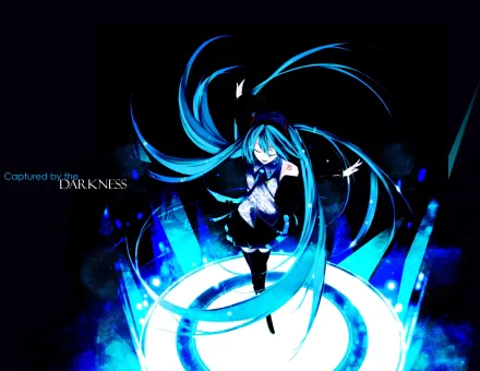HD PC desktop wallpaper featuring Hatsune Miku from Vocaloid in a dynamic pose, surrounded by glowing blue digital effects against a dark background.