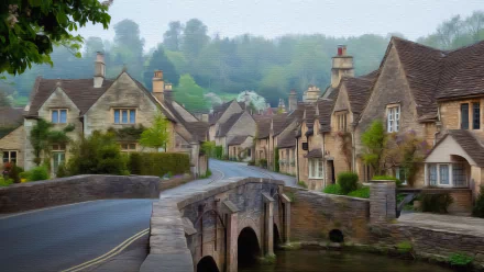 Cotswolds village: man-made honey-stone cottages and arched stone bridge over a narrow stream, chimneys and misty green hills — 4K Ultra HD PC desktop wallpaper/background.