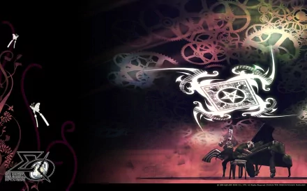 Dark anime-style HD desktop wallpaper from Sigma Harmonics, featuring a mysterious figure playing a piano surrounded by glowing magical symbols and intricate gears.