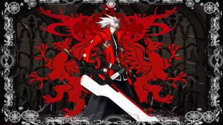 Anime-inspired HD wallpaper featuring a character from BlazBlue, poised with a large sword against a bold red and black background adorned with intricate designs.