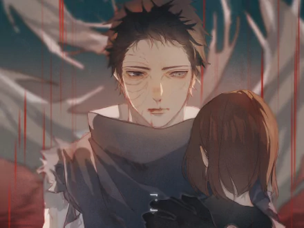 HD anime desktop wallpaper: Obito Uchiha holding Rin Nohara in a somber Naruto scene, rain and muted light.